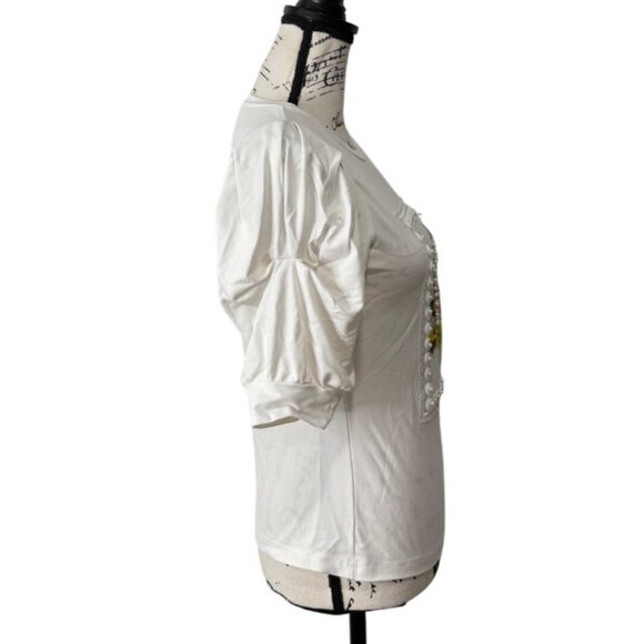 Gracia Womens Top Puff Sleeve White Paris Eiffel Tower Floral Embroidered Size S - Picture 2 of 8